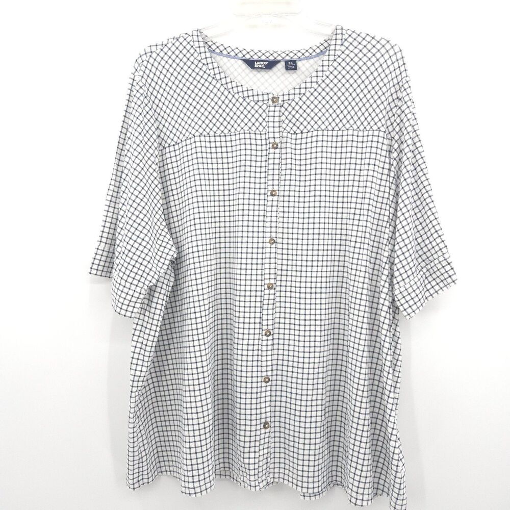 Lands' End womens check button‎ up tunic top Size 3X stretch knit short sleeve